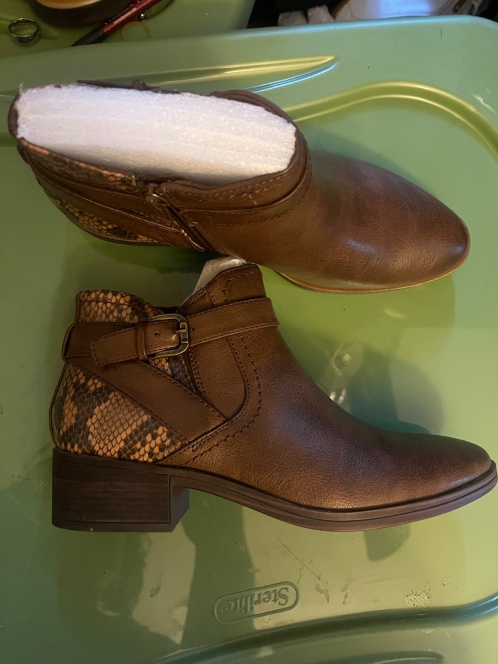 BareTraps Brown Ankle Booties with Snake-Print Accent